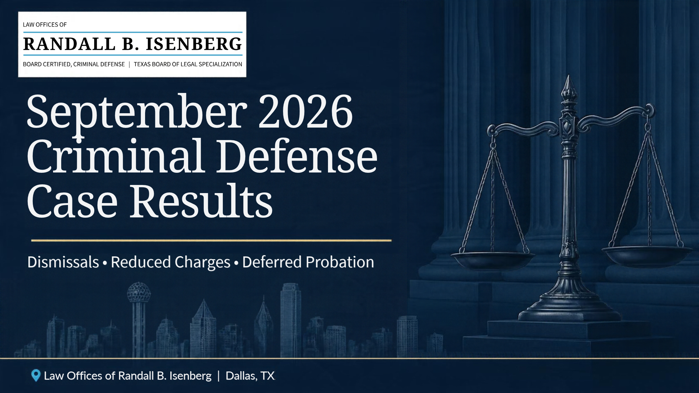 Review September 2026 criminal defense results from the Law Offices of Randall B. Isenberg, including dismissals, reduced DWI charges, and deferred probation.